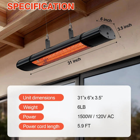 Outdoor Patio Heater With Remote Control And Built In Temperature Control 1500W Hanging Or Ceiling Or Wall Mounted