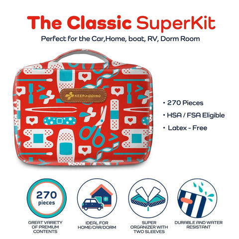 Front view of KeepGoing large kids' first aid kit in a red travel case, 270 pieces