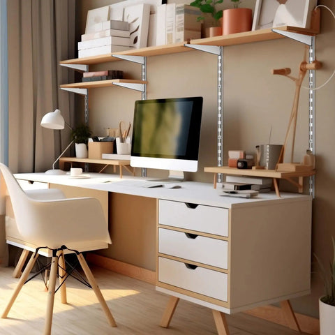 Twin Rail Upright Wall Shelving System Kit 47.5 Inch With 6 Shelf Brackets 14.5 Inch Heavy Duty Adjustable Go To Metal Storage Rack For Kitchen Closet Home Indoor White in home office