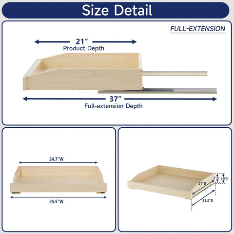 Smooth Glide Pull Out Cabinet Organizer Heavy Duty Wood Drawer Slide For Kitchen Base Cabinets And Pantry Storage With Soft Close Bottom Mount Setup Is A Total Game Changer For Your Sweet Home size detail with dimensions 25.5x21.5x4 inches.
