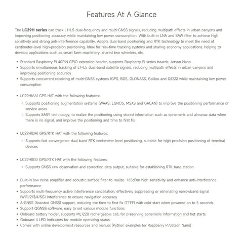 Features at a glance details for Dual Band GPS Module For Raspberry Pi With RTK Rover Support showing specifications and capabilities.