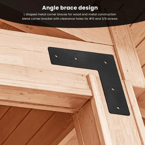 L Shape Corner Bracket Mending Plate Right Angle Built To Last Heavy Duty Black Powder Coated Carbon Steel on wood frame