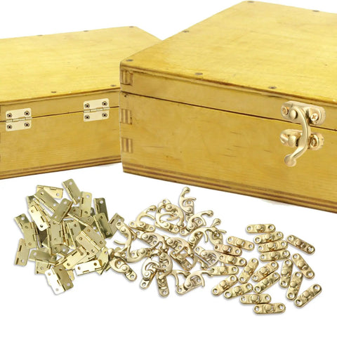 Top Shelf Brass Jewelry Box Hardware Set Featuring Forty Rad Hinges And Twenty Dope Antique Latch Hook Hasps Plus Two Hundred Forty Replacement Screws for wooden cabinets.