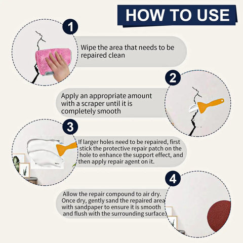 Instructions on using the Complete Drywall Repair Kit With Wall Patch Spackle Paste And Sturdy Plastic Scraper for repairs.