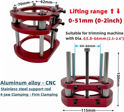 Hard As Nails Aluminum Router Lift And Table Insert Plate for trimmer base, 0-51mm lift, red aluminum design.