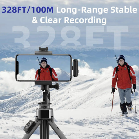AI Noise Cancellation Wireless Lavalier Microphone For iPhone And Android with tripod and phone recording a skier in snowy mountains.