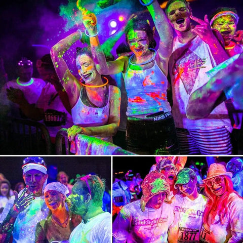 People enjoying a vibrant party with glow lighting using the 40 Foot LED Blacklight Strip Kit With 720 LEDs, 12V Flexible, Non Waterproof.