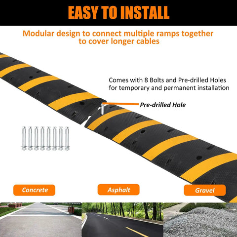 6 Ft Rubber Speed Bumps 2 Pack Heavy Duty Driveway Ramp For Gravel Road And Parking Lot Asphalt Protect Cables And Hoses With 8 Bolts Spikes Modular Cable Protector Ramp showing installation details and pre-drilled holes with bolts