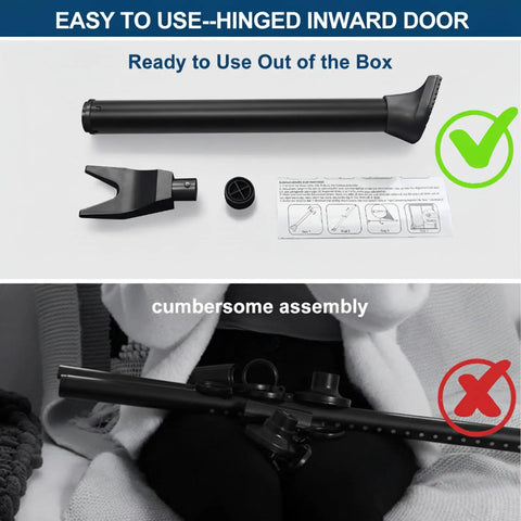 Components of Heavy Duty 2 Pack Door Security Bar Adjustable Door Jammer with assembly instructions and two parts shown on a table.