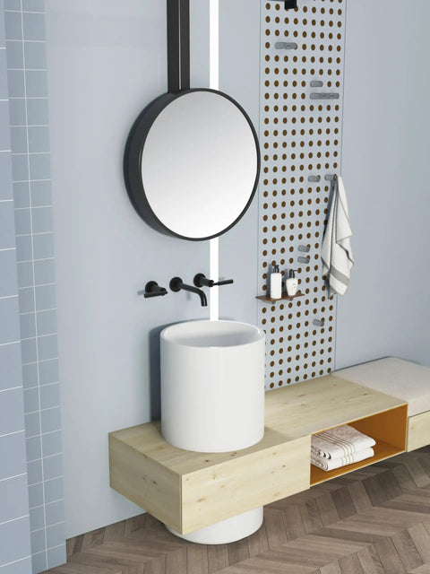 Matte Black Wall Mount Bathroom Faucet With Dual Handles, Solid Brass Construction, wall-mounted over a modern sink