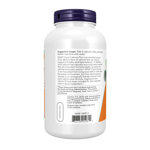 Side label of Coral Calcium Plus For Strong Bones And Healthy pH Balance, Natural Trace Minerals Packed, 250 Veg Capsules