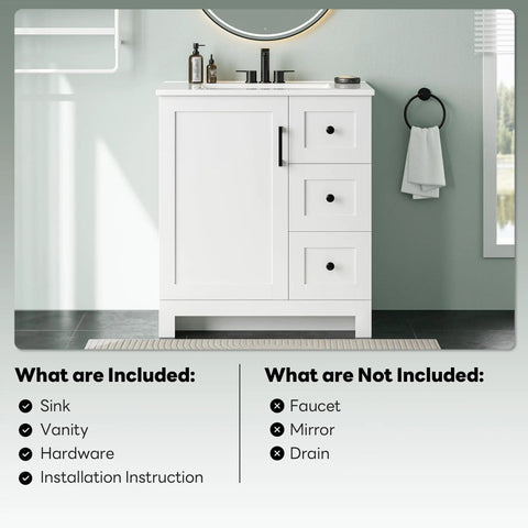 Clean Modern 30 Inch Bathroom Vanity In Bright White Matte With Integrated Sink featuring soft close drawers and a cabinet door.