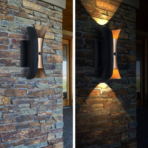12 Inch Outdoor LED Wall Light Set With Dusk To Dawn Photocell Sensor illuminating brick wall, black gold finish, pack of 2