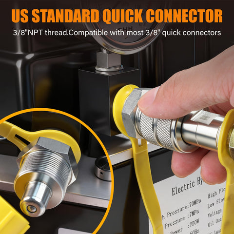 Detailed view of US standard quick connector on Heavy Duty Electric Hydraulic Pump 10000 Psi Single Acting Solenoid Valve Dual Stage Flow Quick Fill 120V.