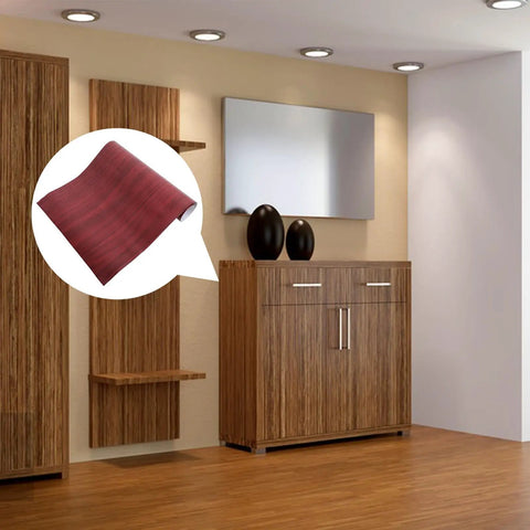 Brown Wood Grain Peel And Stick Wallpaper For Furniture Makeover Self Adhesive Cabinet Cover shown in modern living room setting.