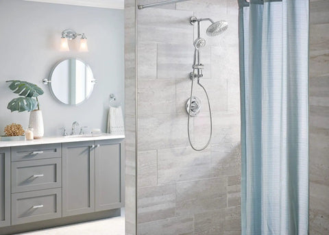 Chrome Replacement Handheld Showerhead With Four Function Eco Performance WaterSense Certified in a modern bathroom setting