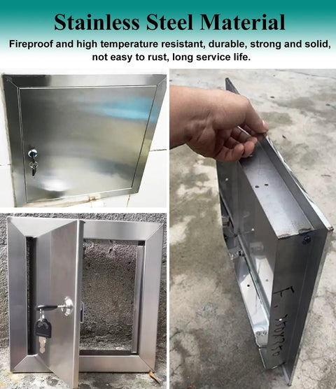 Rock Solid Waterproof Stainless Steel Lockable Access Door With Secure Key And Quick Snap Install Design For Attic Ceiling Wall Hatch Drywall Patch Cover Panel Trim showing stainless steel finish and key slot.