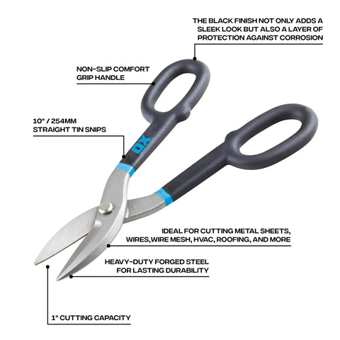 Heavy Duty 10 Inch Straight Cut Tin Snips With No Sweat Comfort Grip Handle For Cutting Aluminum Sheet Metal Roofing Ductwork And Iron Pro Workhorse Shears That Slice Clean, showcasing non-slip handle and durable steel blades.