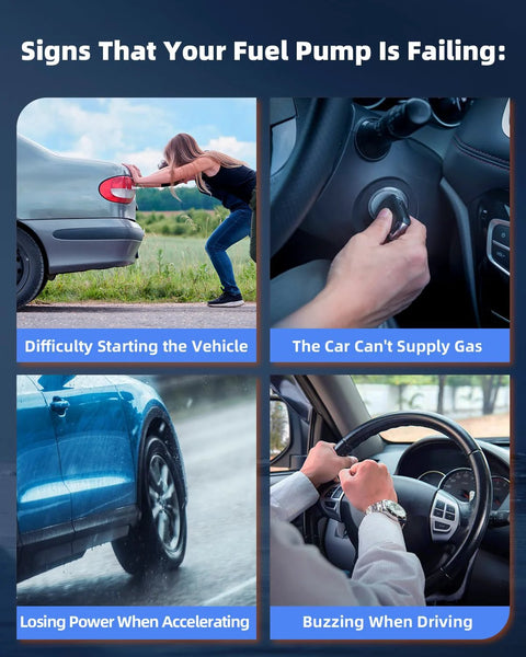 Signs of failing fuel pump including starting difficulty, no gas supply, power loss, and buzzing when driving.