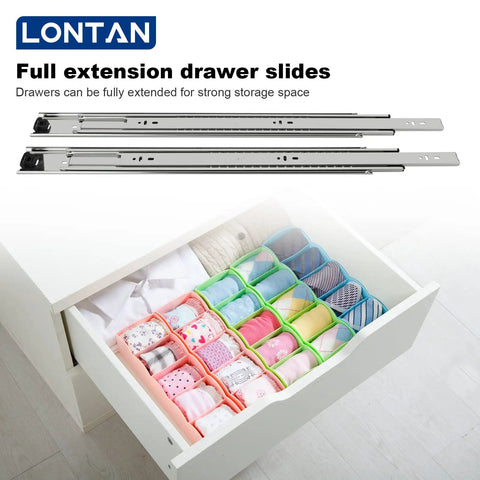 22 Inch Beefy Heavy Duty Drawer Slides Without Lock Full Extension Ball Bearing Industrial Slides With 3 Section Tracks And Runners 150 Lb Load Capacity Side Mount displayed above an organized drawer.