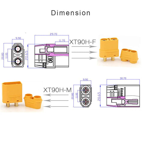 XT90 Bullet Connectors 10 Pair Set For RC Lipo Batteries And Motors, Male And Female Power Plugs, dimension schematic