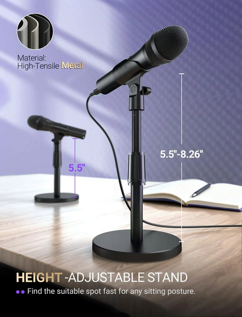 Dual USB And XLR Dynamic Desk Mic For Podcasts With Mute Button And Adjustable Stand Windscreen on desk