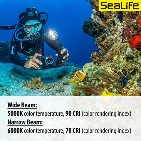 Diver using Sea Dragon 3000SF Pro Dual Beam Compact Underwater LED Light For Scuba Photo And Video, capturing coral and clownfish.