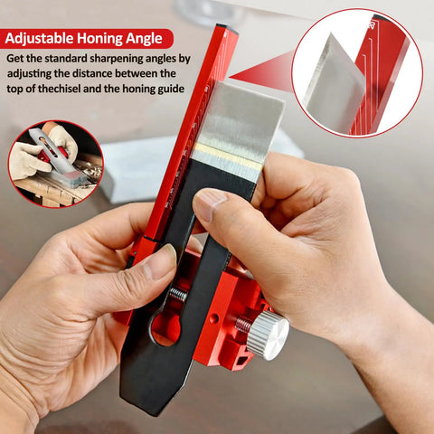 Heavy Duty Adjustable Honing Guide For Chisels And Planes, red and black aluminum guide with adjustable angle for precision sharpening.