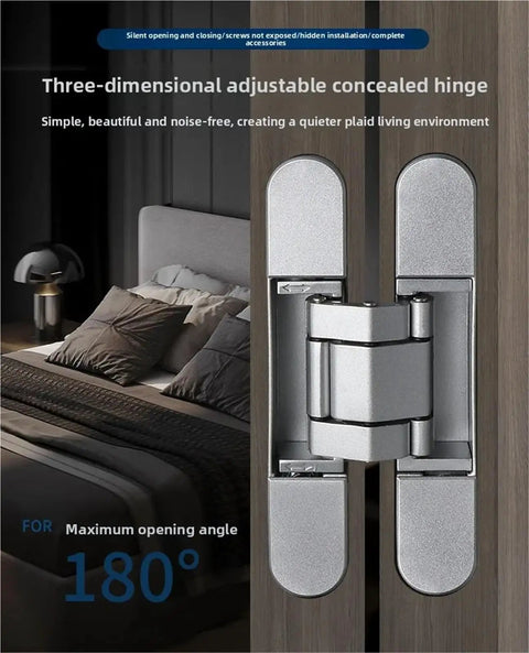 Heavy Duty Concealed Adjustable Invisible Door Hinge With Solid Cross Shaped Wooden Handle Built Tough For A No Sweat Hidden Room Makeover And Smooth Daily Swing In Deep Black Coating, shown mounted on a wooden door in a bedroom.