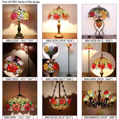 Collage of Tiffany Style Red Rose Stained Glass Table Lamps, various designs and sizes, with bronze bases, cozy home decor.