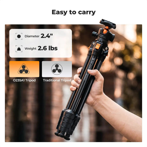 Person holding Travel Ready 63 Inch Aluminum Camera Tripod With Phone Holder, Ultra Light 2.6 Lb, Non Reversible Compact Design
