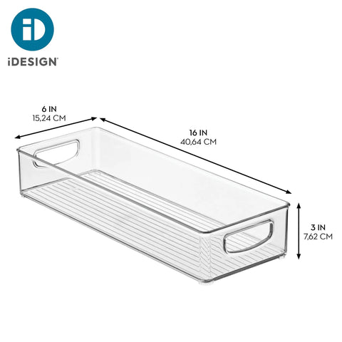 Sleek Extra Long Clear Storage Bins Pack Of 4 Heavy Duty Stackable Plastic Organizers For Deep Pantry Shelves Cabinets And Fridge Drawers, 16x6x3 inches, side view.