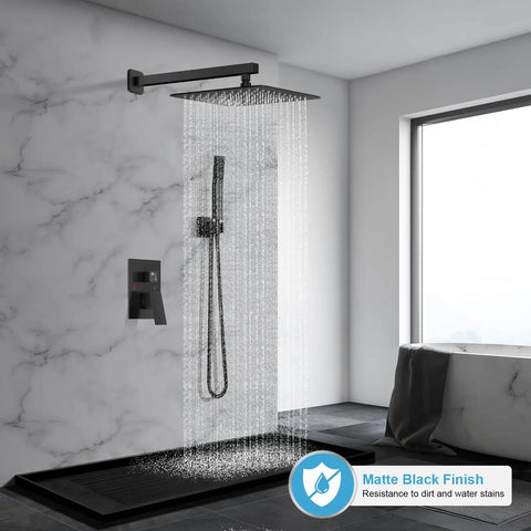 Straight Up Tough Matte Black Shower Faucet Set Featuring A 10 Inch High Pressure Rain Shower Head and Solid Brass Pressure Balance Valve For Hella Smooth Daily Showers with water flowing.