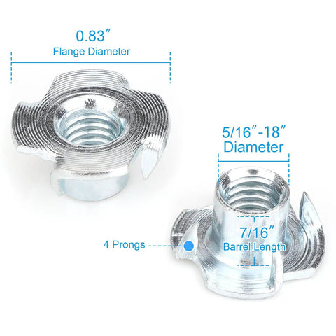Image of Zinc Plated T Nuts with flange diameter and specifications, 100 Pack Zinc Plated T Nuts Heavy Duty Threaded Inserts Premium Carbon Steel Hardware For Woodworking And Cabinetry Built To Take A Beating On Any Build Site.