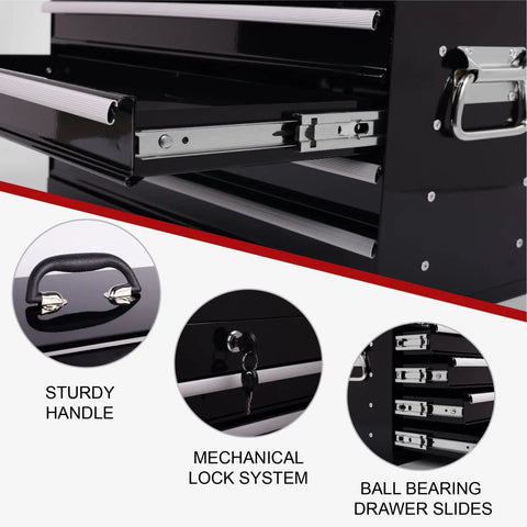 Close-up of the 21 Inch Heavy Hitter Metal Tool Box With Four Smooth Drawers And Tight Auto Latching Steel Tool Chest Black features.