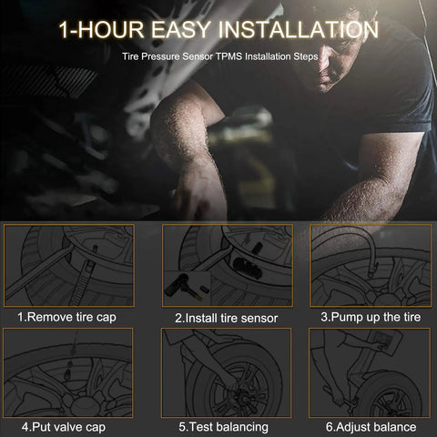 1-hour easy installation steps for Rock Solid 315MHz TPMS Sensor compatible with Chevy vehicles, showing hands-on guidance.
