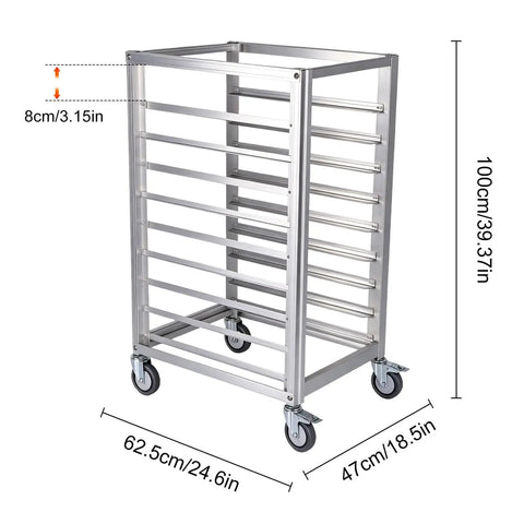Heavy Duty 9 Tier Commercial Cooling Rack With Smooth Roll Locking Casters, Solid Aluminum Build, dimensions and sides visible.
