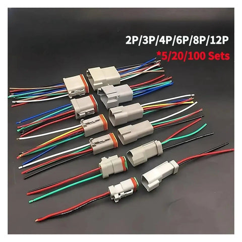 Pro Grade Hella Weatherproof Auto Connectors With 18 AWG 15Cm Wires For Rock Solid Wiring Harness Repairs 12 Pin Male Female Spade Terminals Smooth Seal 100 Set Bulk Pack connectors with wires in various sizes.