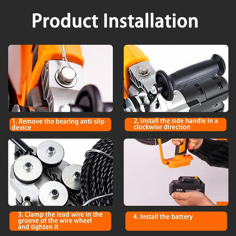 Product installation steps for Straight Up Pro Grade Electrician Threading Machine With Brushless Motor Cordless Cable Pulling Tool.