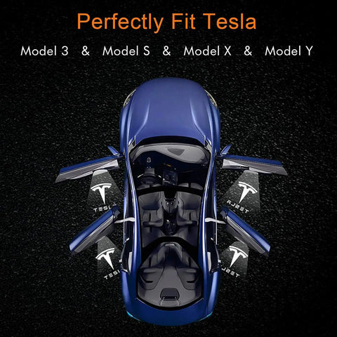 Tesla Model Door Logo Projector Lights 4 Pack LED Puddle Welcome Lamps on Model S 3 X Y with doors open and logo projected