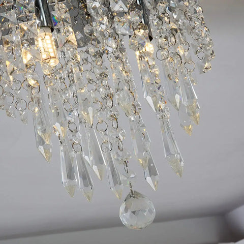 Close-up of Mini Crystal Chandelier Two Lights Flush Mount Ceiling Light showing acrylic crystals and LED bulbs