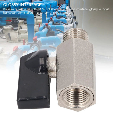 Close-up of Rock Solid Mini Brass Ball Valve Featuring Dn8 G One Quarter Male And Female Threaded Pipe Connections.