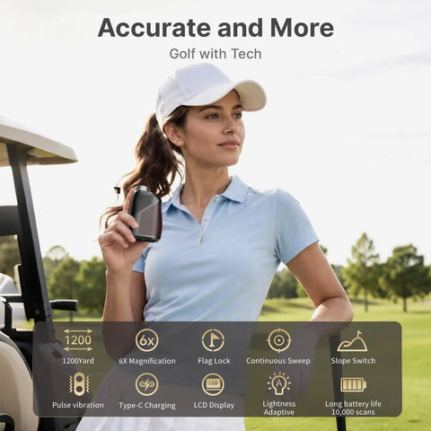 Golf Rangefinder With Slope Compensation And 1200 Yard Range, Compact Leather Exterior Device showing a woman holding the rangefinder on a golf course.