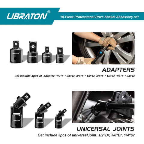 18 Piece Socket Extension And Ratchet Set With Impact Adapters And Swivel Sockets Includes Adapters, Universal Joints