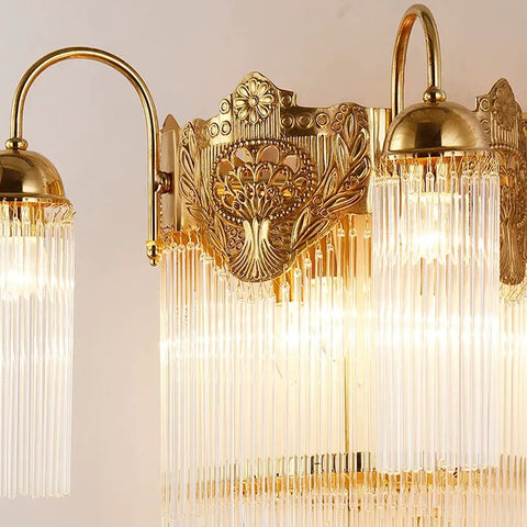 Luxe Copper Crystal Wall Sconce With Vintage Glass Rod Accent For Bedroom Entryway And Living Room Featuring Quick Install Kit close-up view