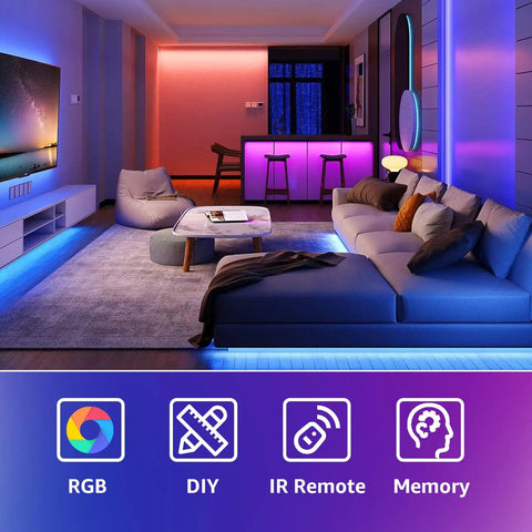 Smart WiFi RGB LED Strip Lights 25ft With App Control And Voice Assistants, 16 Million Colors, mood lighting in modern living room
