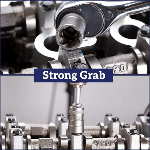 Bolt Extractor Kit Round Bolt Remover Set for damaged bolts and screws installed on machinery, showing strong grip.