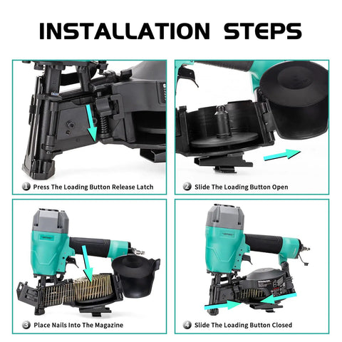 Installation steps for CN45C 15 Degree Roofing Nailer Pneumatic Coil Nailer with loading button and magazine instructions.