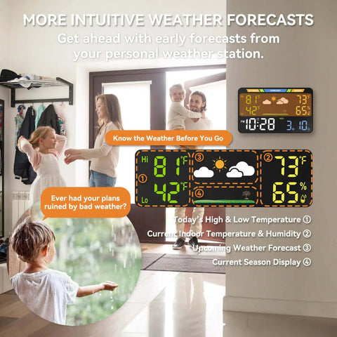 Smart Weather Station With 8.5 Inch LED Display for Indoor Outdoor Use WiFi Enabled Wireless Dual Power Atomic Clock shown on wall