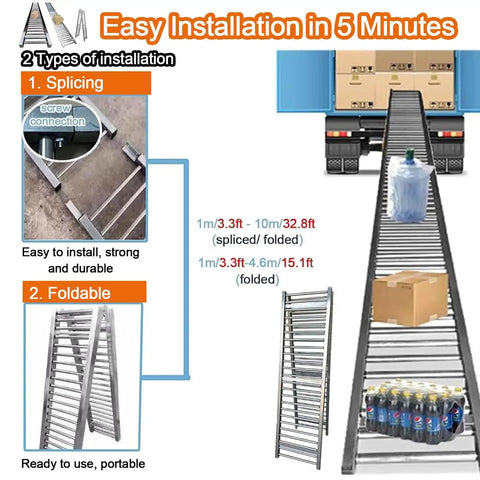 No Sweat Rolling Conveyor Table For Warehouse Unloading And Truck Trailer Loading Light Duty Stainless Steel Manual Slide System Smooth Cargo Moving Platform 20x13 Feet with portable and foldable design.